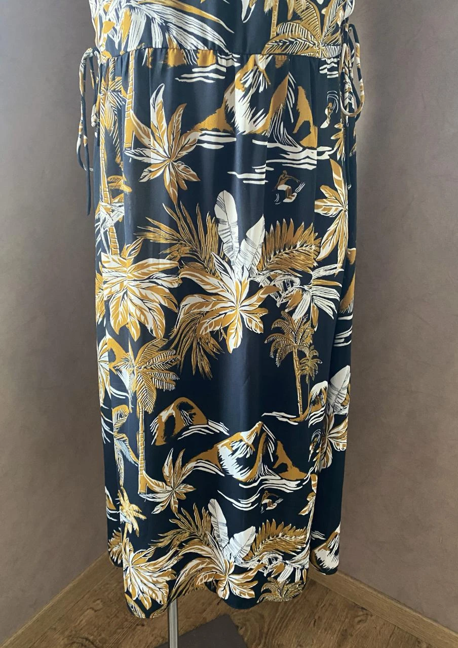 H&M mid-length dress size 34 black with ochre & white tropical print – V-back, side lacing – photo 3